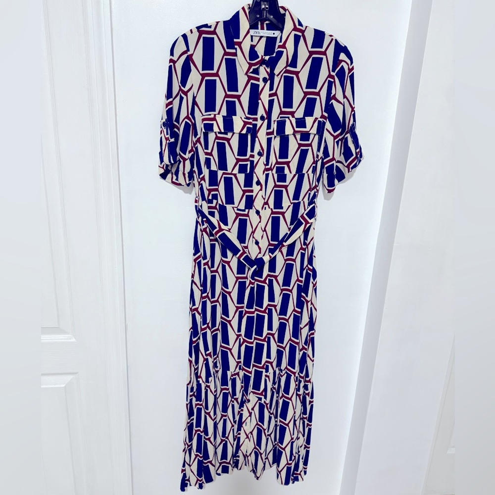 Zara Navy and Cream Geometric Midi Dress
